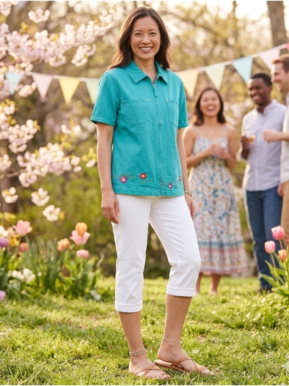 Denim&Co Teal Short-Sleeve spring flowers Zip-Up Shirt jacket